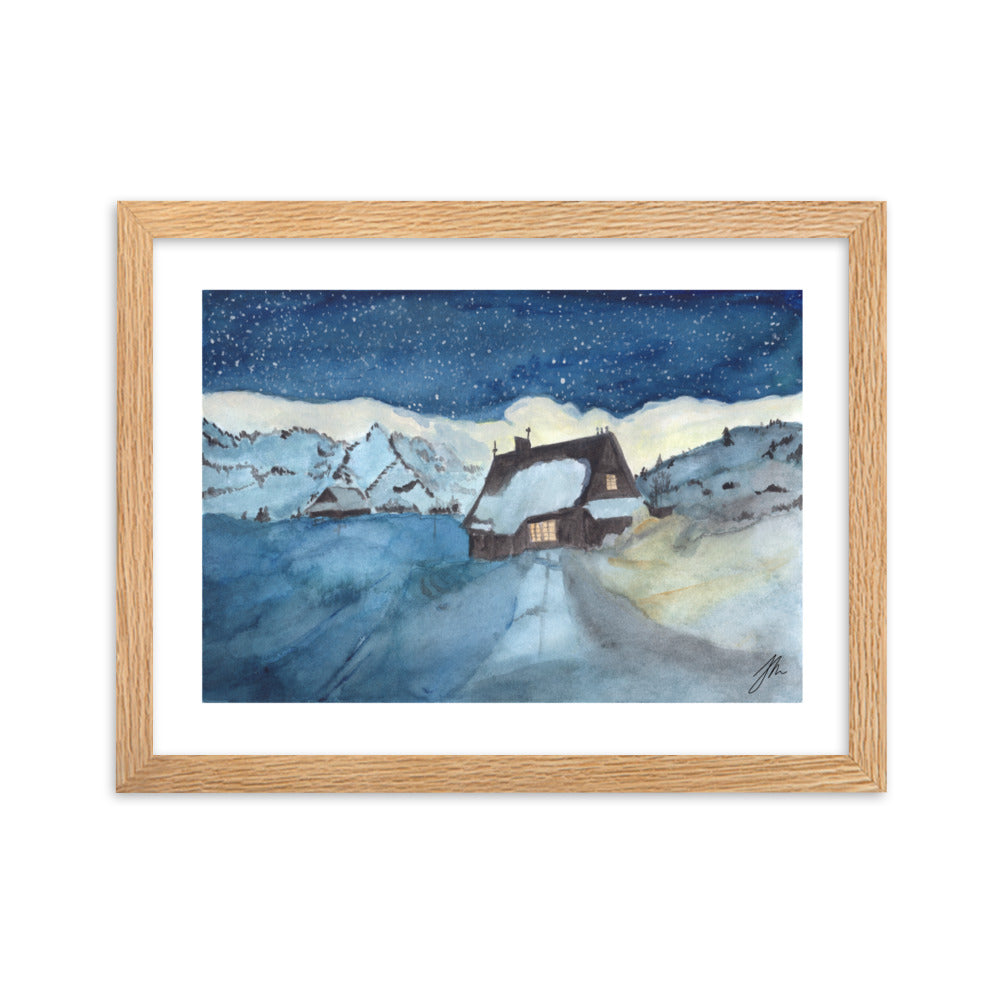 Snowy Chalet Framed matte paper poster